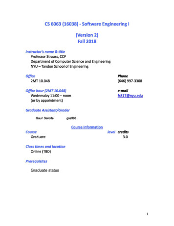 CS 6063 (16038) -Software Engineering I (Version 2) Fall 2018