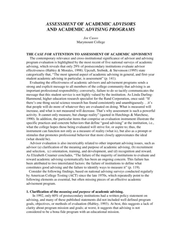 Assessment Of Academic Advisors And Academic Advising Programs