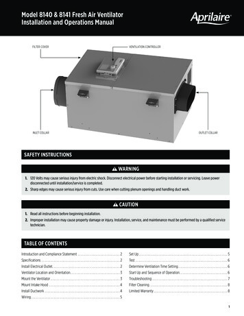 Model 8140 & 8141 Fresh Air Ventilator Installation And Operations Manual