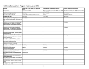 California Managed Care Program Features, As Of 2016 - Medicaid