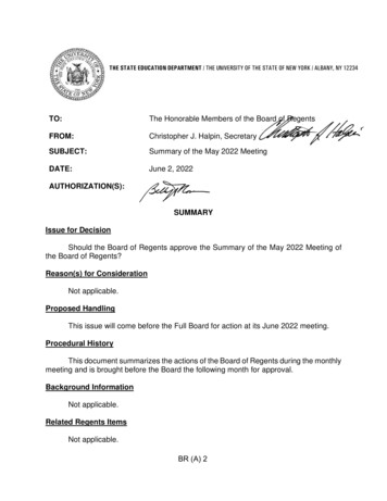 June 2022 Meeting Of The Board Of Regents - Summary Of The May 2022 Meeting