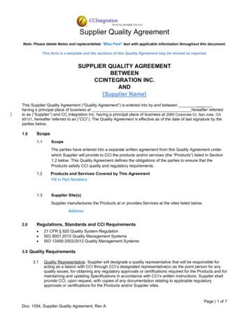 Supplier Quality Agreement Template - CCIntegration