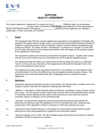 SUPPLIER QUALITY AGREEMENT - EVS Supply