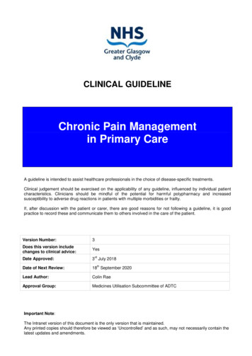 Chronic Pain Management In Primary Care August 2018
