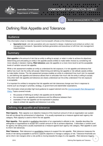 Defining Risk Appetite And Tolerance - Department Of Finance