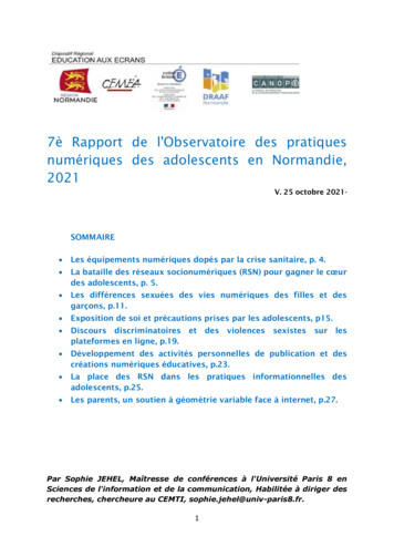 7è Rapport De L'Observatoire Des Pratiques . - Education Aux Ecrans