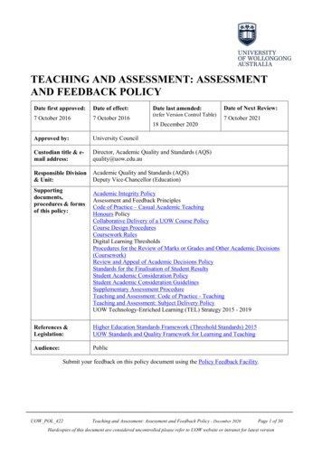 Teaching And Assessment: Assessment And Feedback Policy - Uow