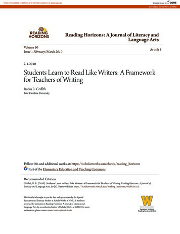 Students Learn To Read Like Writers: A Framework For Teachers Of Writing