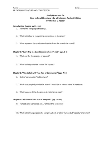 Study Questions For How To Read Literature Like A Professor, Revised .