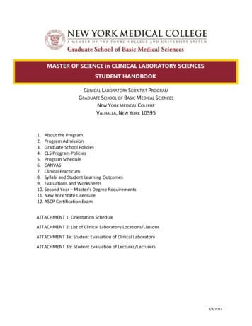 MASTER OF SCIENCE In CLINICAL LABORATORY SCIENCES STUDENT HANDBOOK