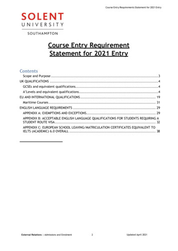 Course Entry Requirement Statement For 2021 Entry - Solent University
