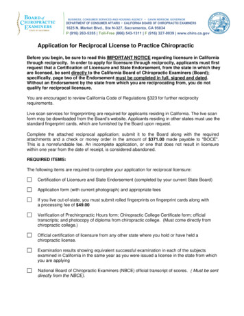 Application For Reciprocal License To Practice Chiropractic
