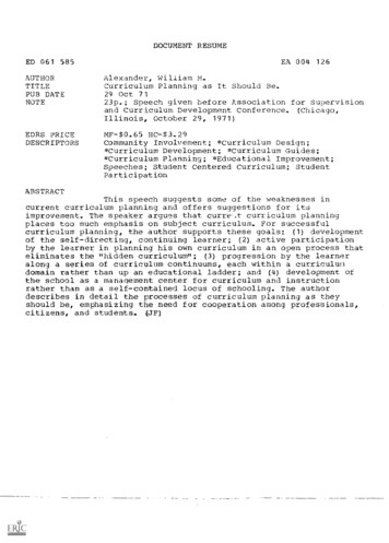 DOCUMENT RESUME ED 061 585 Curriculum Planning As It Should Be. PUB .