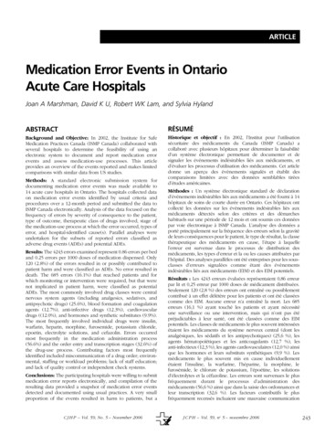 Medication Error Events In Ontario Acute Care Hospitals - ISMP Canada