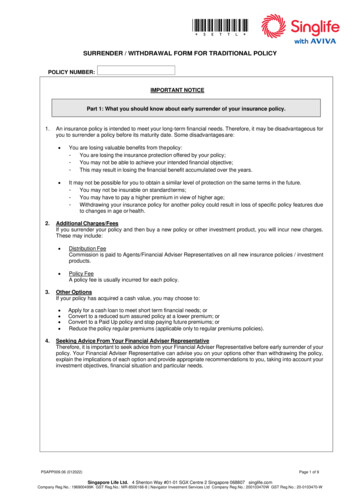 SURRENDER / WITHDRAWAL FORM FOR TRADITIONAL POLICY - Singlife