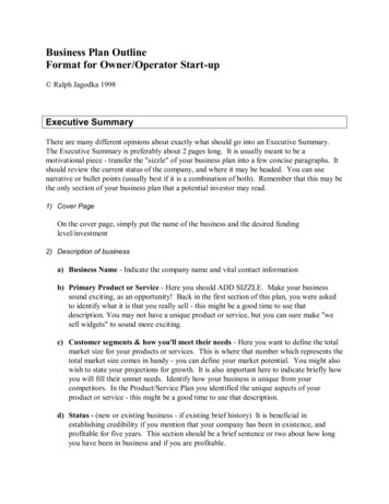 Business Plan Outline Format For Owner/Operator Start-up