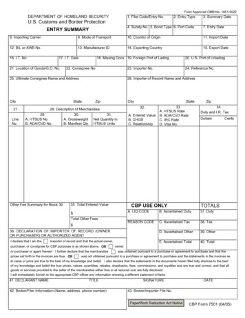 Form Approved OMB No. 1651-0022 DEPARTMENT OF 