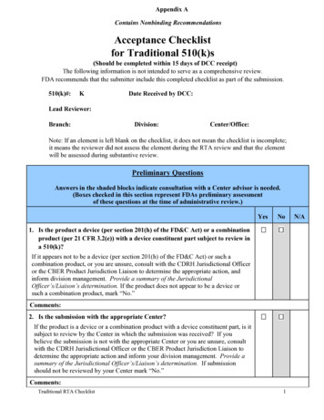 Acceptance Checklist For Traditional 510(k)s - FDA ECopy