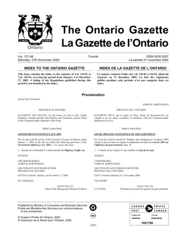 INDEX TO THE ONTARIO GAZETTE INDEX DE LA GAZETTE DE L'ONTARIO Proclamation