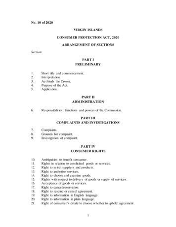 No. 10 Of 2020 VIRGIN ISLANDS CONSUMER PROTECTION ACT, 2020 ARRANGEMENT .