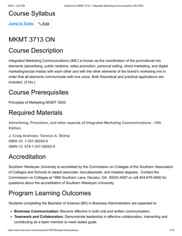 9/8/21, 3:34 PM Syllabus For MKMT 3713 - Integrated Marketing .