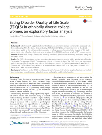 Eating Disorder Quality Of Life Scale (EDQLS) In Ethnically Diverse .