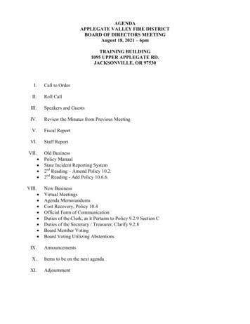 AGENDA APPLEGATE VALLEY FIRE DISTRICT BOARD OF DIRECTORS MEETING August .