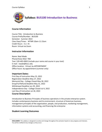 Syllabus: BUS100 Introduction To Business