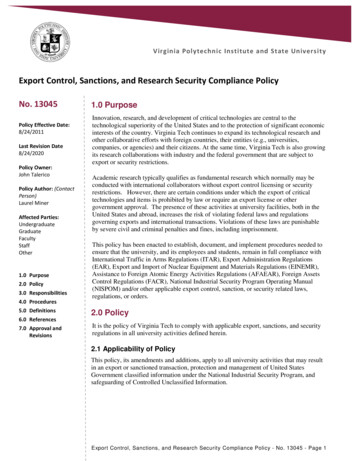 Export Control, Sanctions, And Research Security Compliance Policy No .