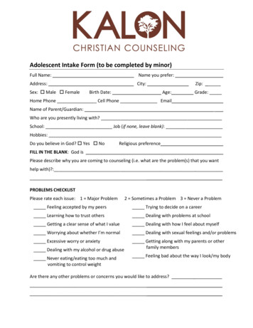 Adolescent Intake Form (to Be Completed By Minor)