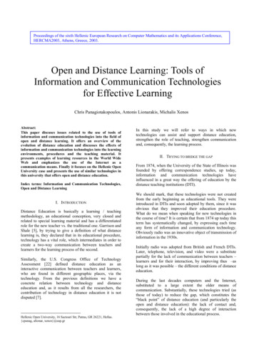 Open And Distance Learning: Tools Of Information And Communication .