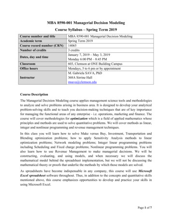 MBA 8590 Managerial Decision Modeling Syllabus Spring Term 2019 Rep