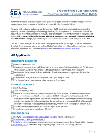 Shuttered Venue Operators Grant: Preliminary Application Checklist .