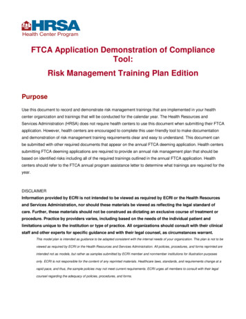 FTCA Application Demonstration Of Compliance Tool: Risk Management .