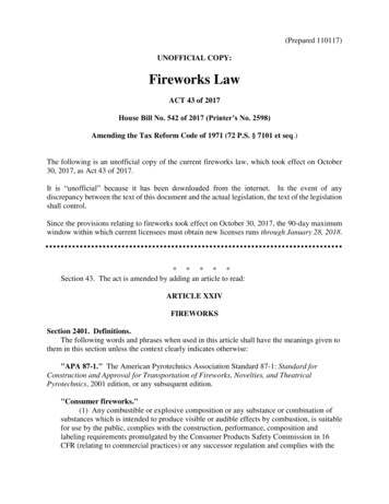 UNOFFICIAL COPY: Fireworks Law - PA Dept. Of Agriculture