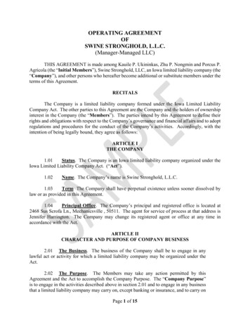 OPERATING AGREEMENT OF SWINE STRONGHOLD, L.L.C. (Manager-Managed LLC)