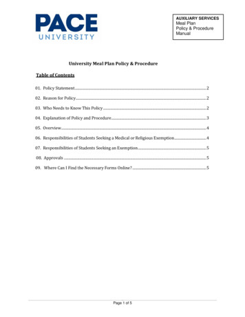 University Meal Plan Policy & Procedure Table Of Contents