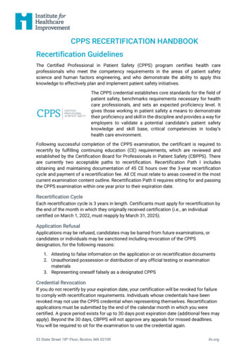 CPPS RECERTIFICATION HANDBOOK Recertification Guidelines - IHI