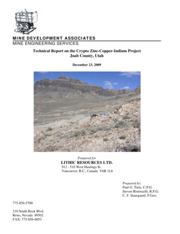 Technical Report On The Crypto Zinc-Copper-Indium Project Juab County, Utah