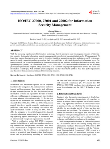 ISO/IEC 27000, 27001 And 27002 For Information Security .