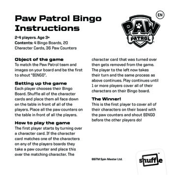 Paw Patrol Bingo EN Instructions - Shuffle.cards