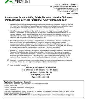 INTEGRATED FAMILY SERVICES INTAKE FORM - Vermont Department Of Health