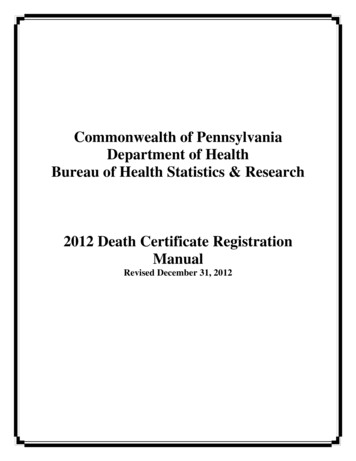 2012 Death Certificate Registration Manual - Pennsylvania Department Of .