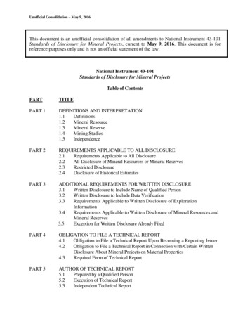 National Instrument 43-101 Standards Of Disclosure For Mineral Projects