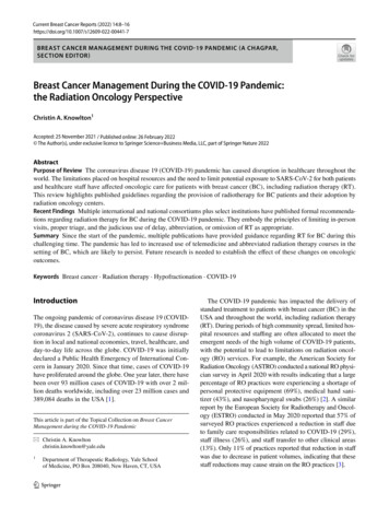 Breast Cancer Management During The COVID-19 Pandemic: The Radiation .