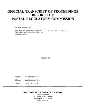 Official Transcript Of Proceedings Before The Postal Regulatory Commission