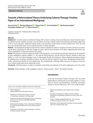 Towards A Reformulated Theory Underlying Schema Therapy: Position Paper .