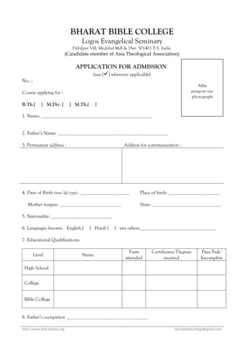 Application For Admission - Bharat Bible College