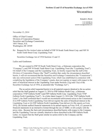 Incoming Letter: FSP 50 South Tenth Street Corp. Liquidating Trust .