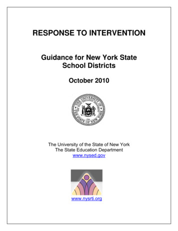 RESPONSE TO INTERVENTION Guidance For New York State School Districts